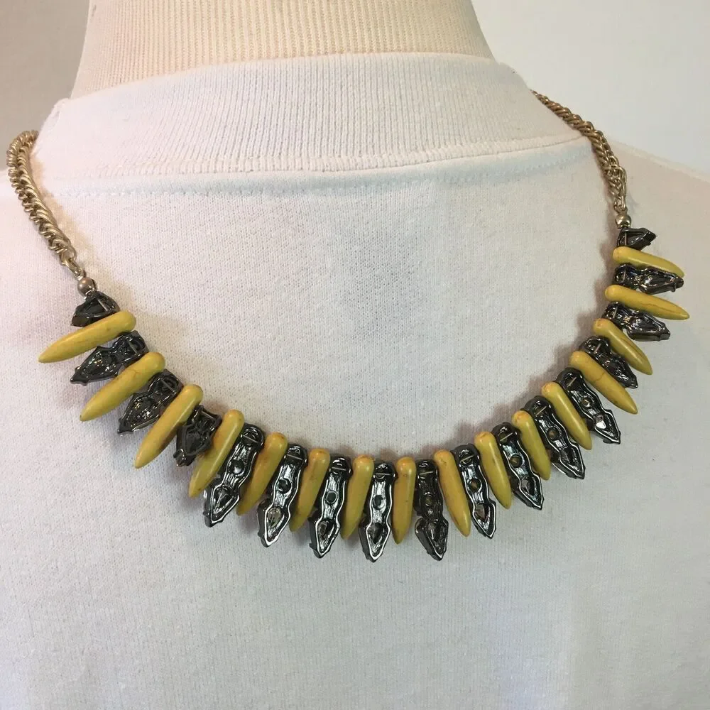Rhinestone Necklace 21 Inch Gold Tone Chain Yellow Spike Statement Necklace